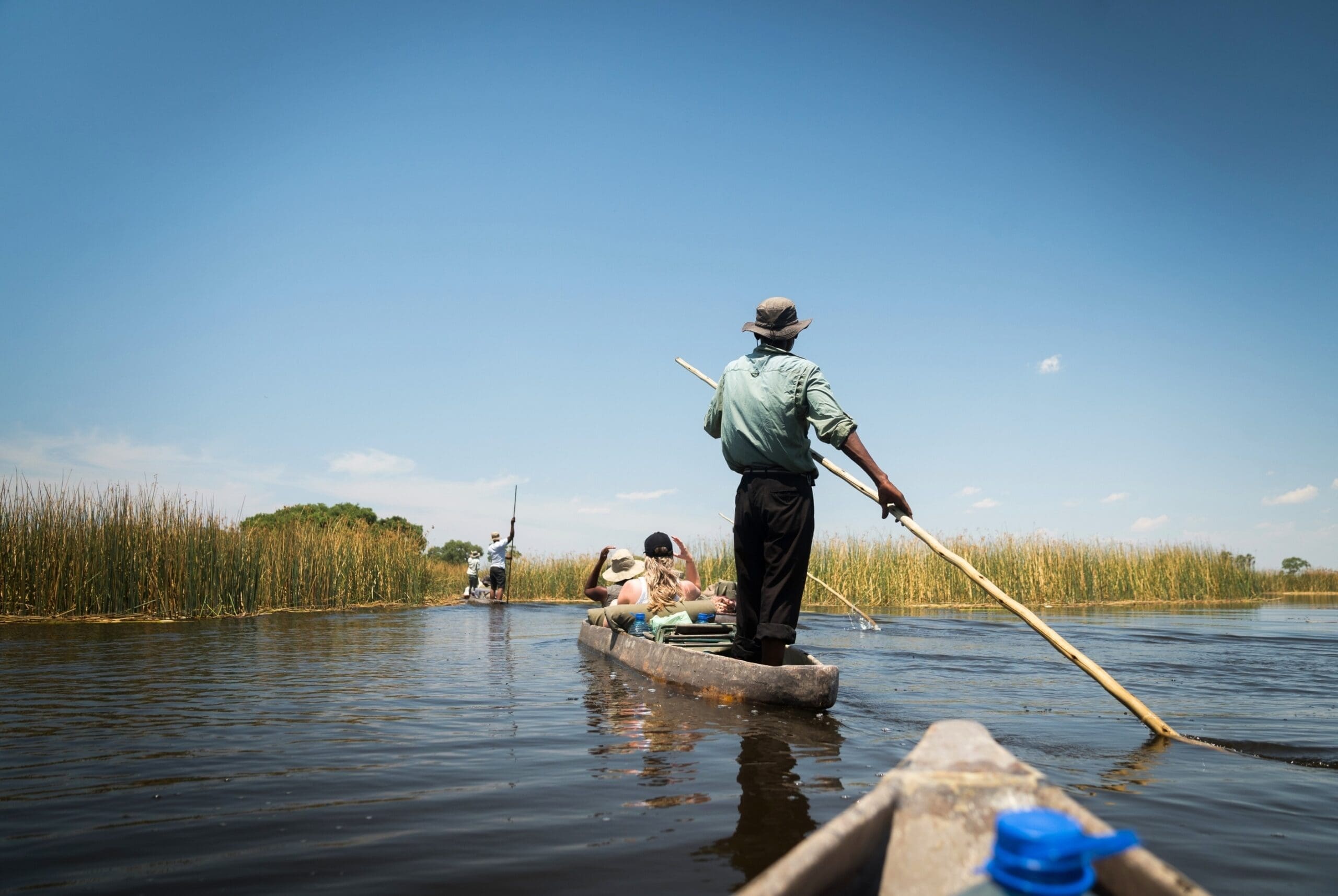 Een persoon staat achterop een smalle kano en gebruikt een hengel om door een kalme, rietachtige waterweg te varen onder een strakblauwe hemel, terwijl anderen in de boot zitten en meer kano's zichtbaar zijn.