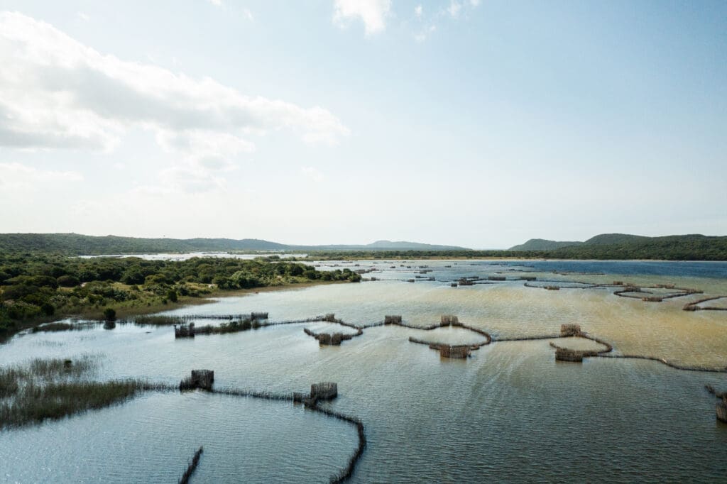 Luchtfoto van een wetland aan de kust in Zuid Afrika met visfuiken in het water, omgeven door groene vegetatie en heuvels in de verte onder een gedeeltelijk bewolkte hemel - een droombestemming voor reizigers die van de natuur houden.