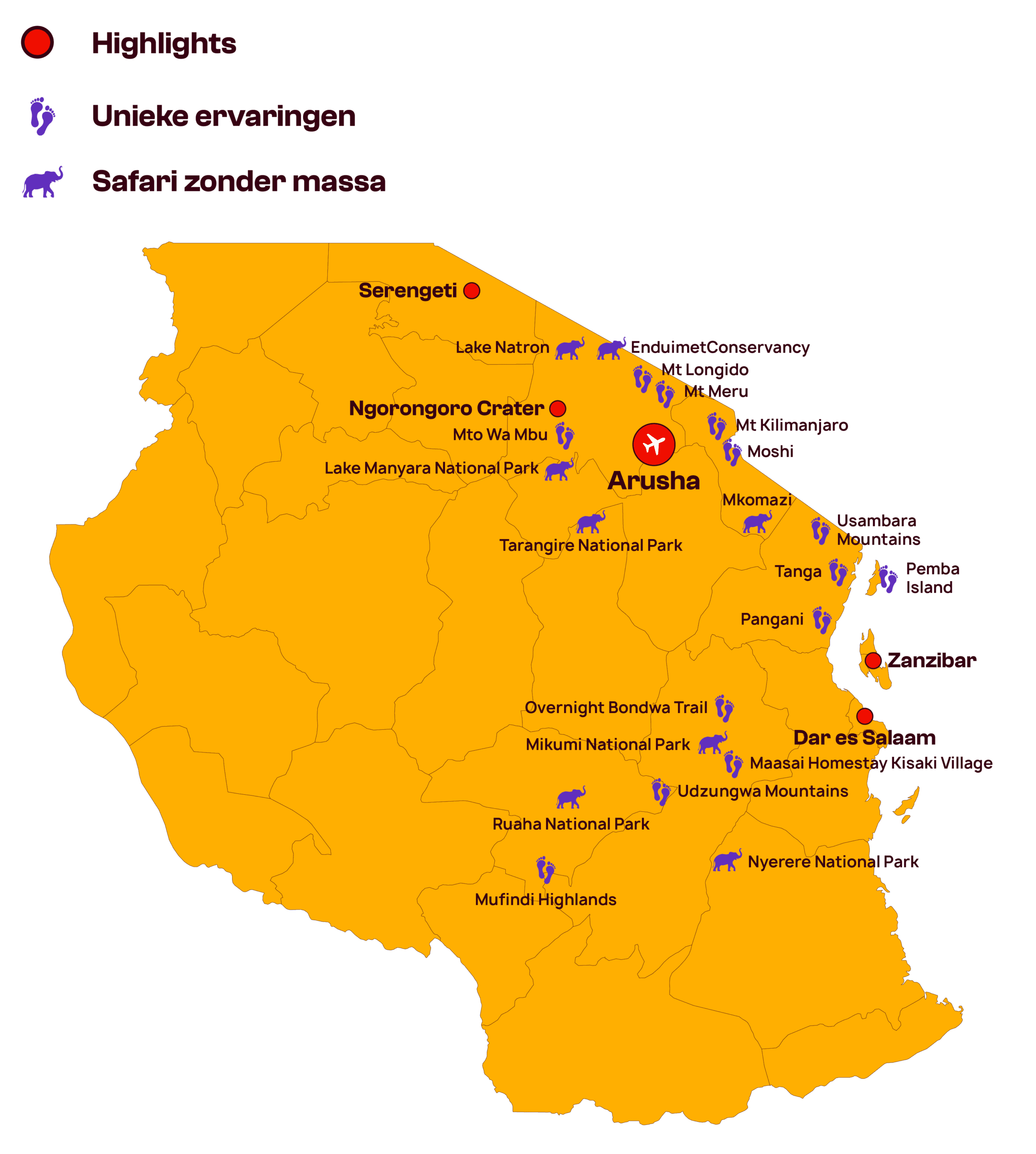 Kaart van Tanzania met de belangrijkste safariparken, bergen en steden zoals Arusha, Dar es Salaam en Zanzibar. Pictogrammen geven hoogtepunten, unieke ervaringen en minder drukke safaribestemmingen aan. De tekst is in het Nederlands.