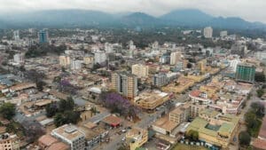 Luchtfoto van een stad in Tanzania met veel middelhoge gebouwen, straten met auto's en veel groen. Op de achtergrond zijn heuvels en een bewolkte hemel te zien - een perfect tafereel voor reizen-enthousiastelingen.
