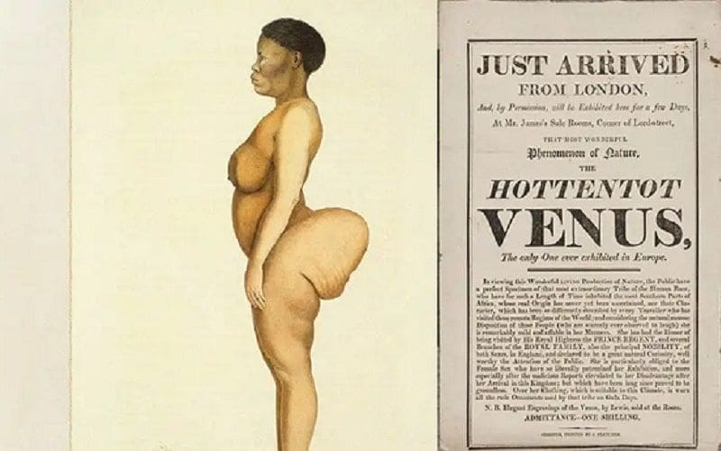 A historical illustration shows a Black woman in side profile with exaggerated physical features. Next to her is an old poster advertising the Hottentot Venus exhibition in London.