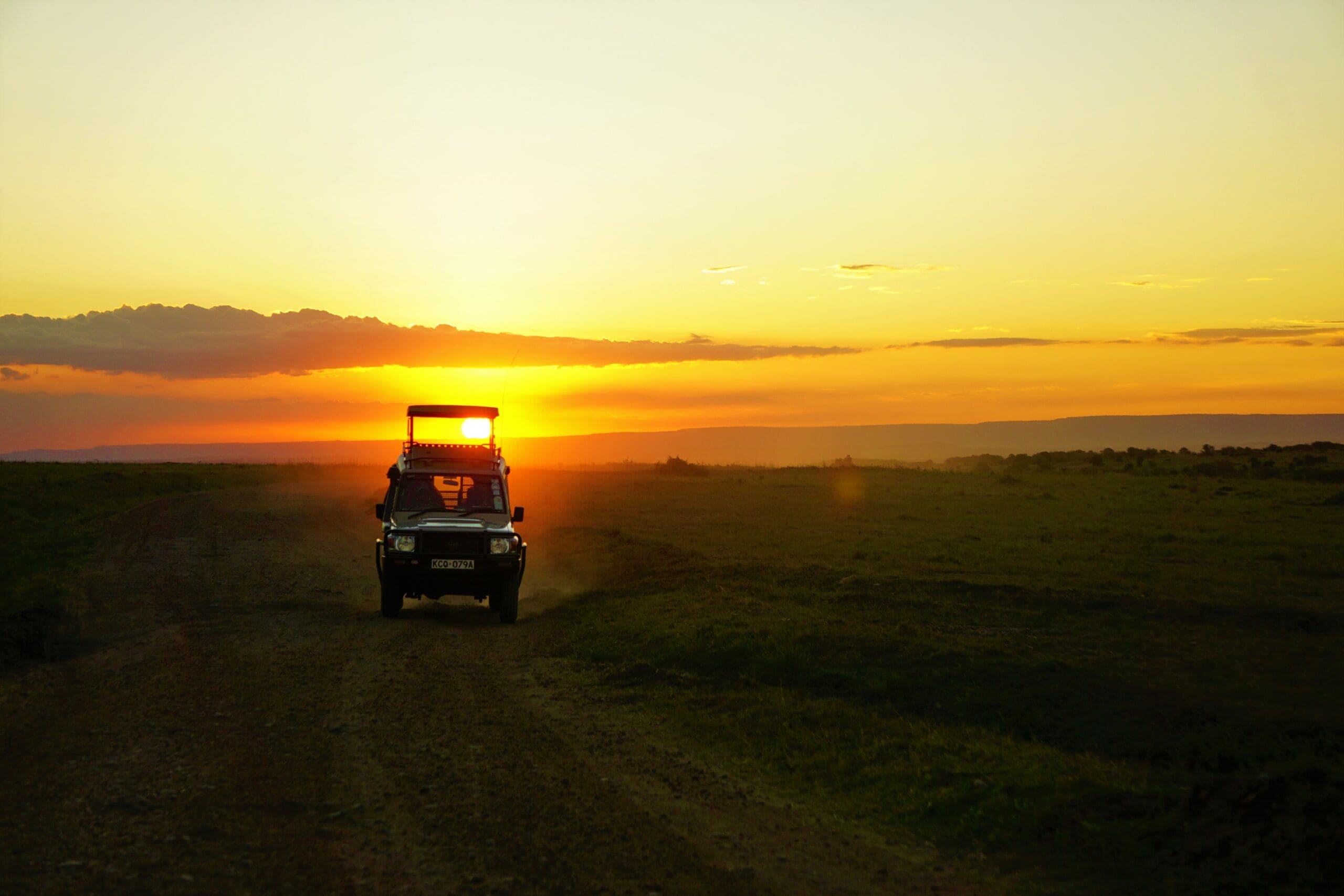 Een safarivoertuig rijdt over een onverharde weg bij zonsondergang, waarbij het gouden licht het landschap verlicht en lange schaduwen over de grasvlakten werpt.