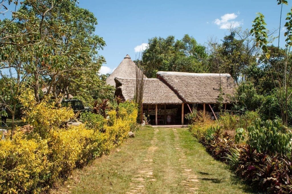 Een rustiek gebouw met een rieten dak staat aan het einde van een graspad, omringd door weelderige groene bomen en kleurrijke struiken onder een helderblauwe lucht met verspreide wolken.