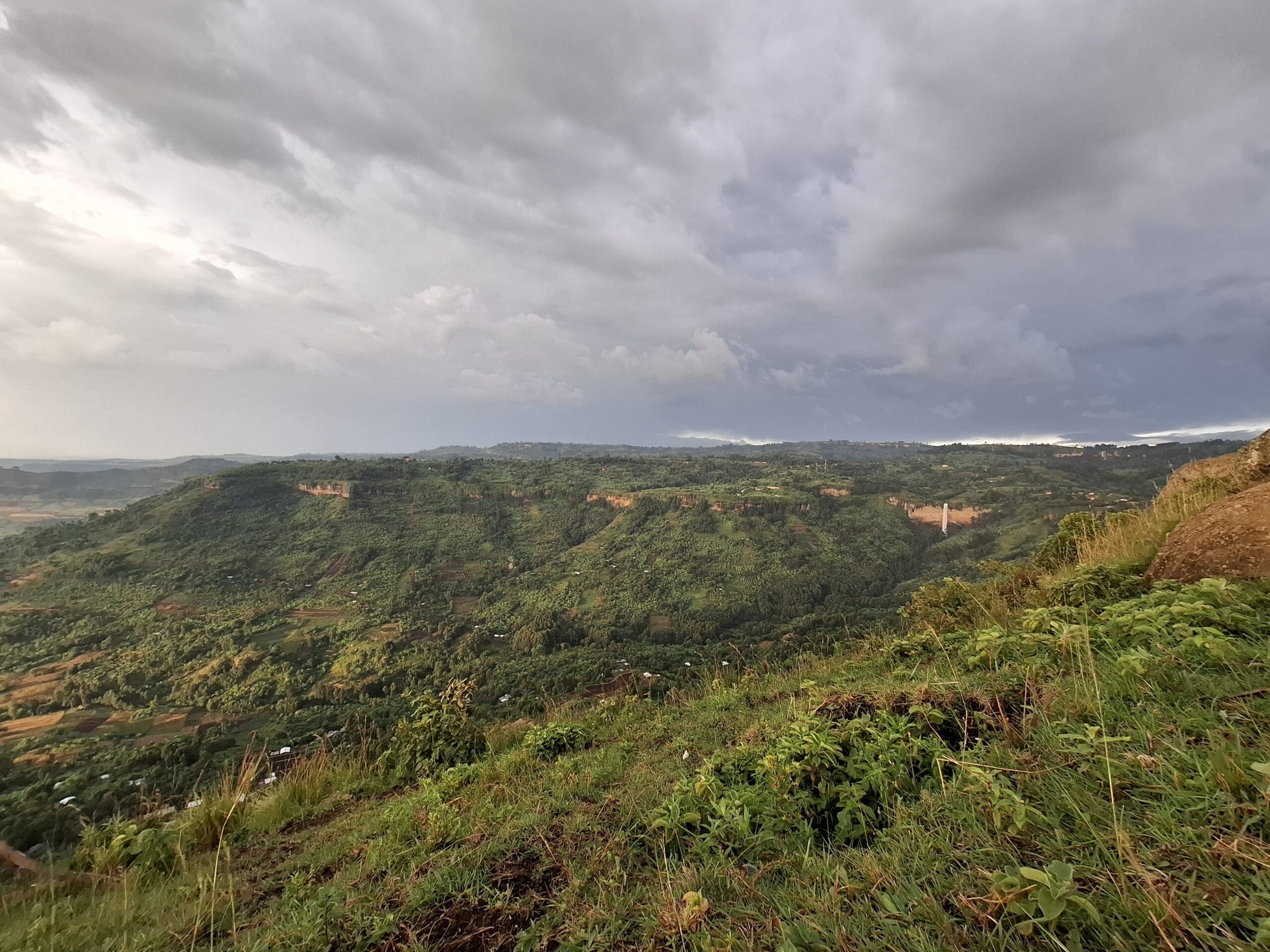 Weelderige groene heuvels strekken zich uit in de verte onder een bewolkte hemel, met flarden zonlicht die het Afrikaanse landschap verlichten. Een vallei en verspreide bomen wachten op reizigers die op zoek zijn naar serene, natuurlijke schoonheid tijdens hun reis.