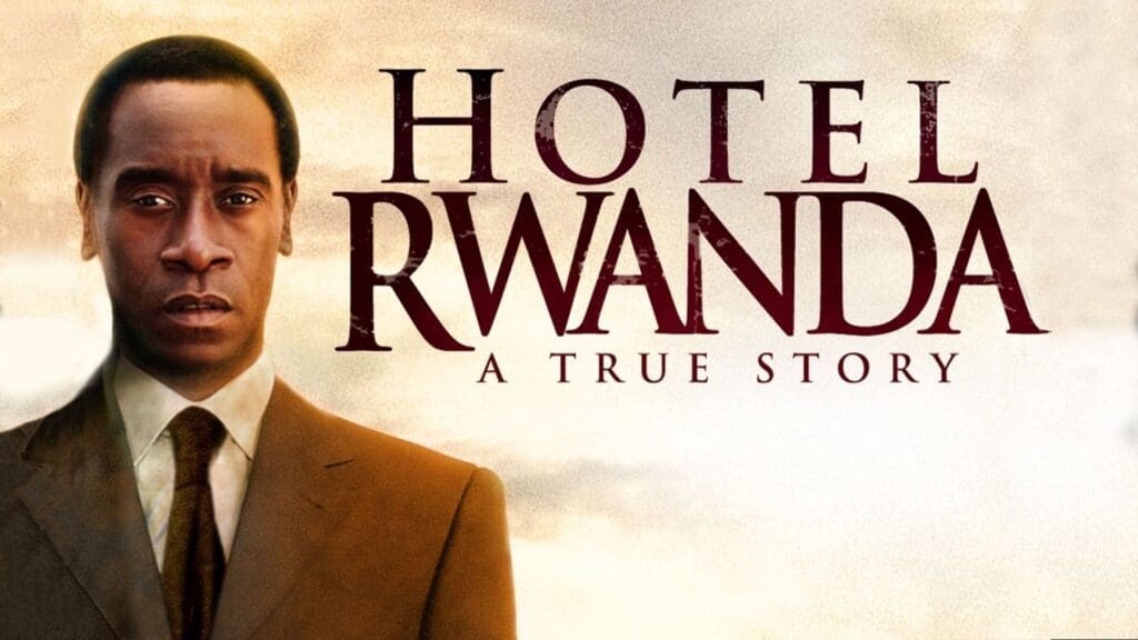 A serious-looking man in a suit stands next to large text that reads HOTEL RWANDA: A TRUE STORY on a light, textured background.