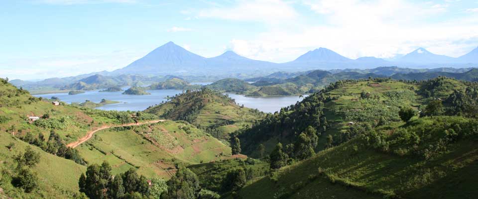 A panoramic view of lush green hills, a winding dirt road, and scattered trees, overlooking a large lake with distant mountains and blue sky in the background.