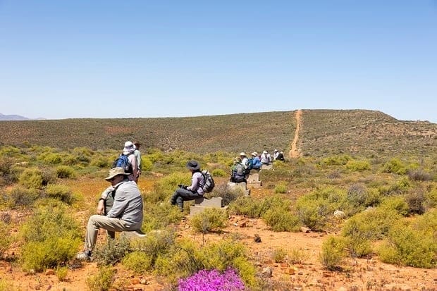 Several hikers wearing hats and backpacks sit on rocks and benches, spaced apart in a line through a dry, scrubby landscape with low hills under a clear blue sky. A patch of purple flowers is visible in the foreground.