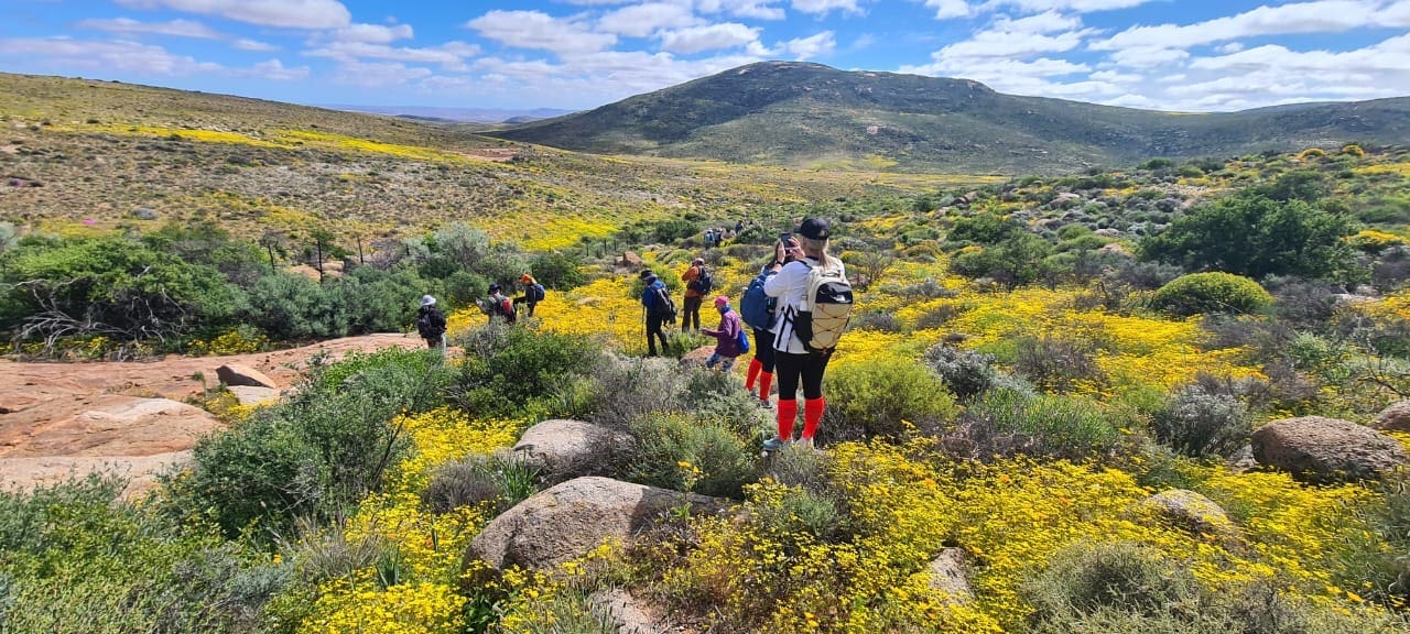 Een groep wandelaars loopt door een veld met gele wilde bloemen omgeven door groene struiken en rotsachtig terrein, met heuvels en een gedeeltelijk bewolkte lucht op de achtergrond. Eén persoon vooraan neemt een foto.