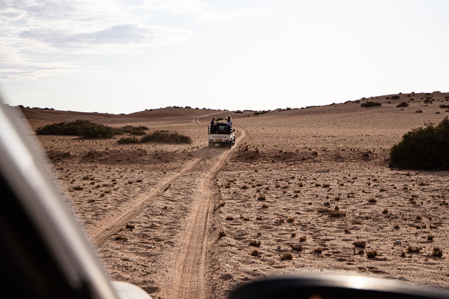 een toyota pickup rijdt met reizigers over een zandpad door de droge woestijnlandschappen van namibië