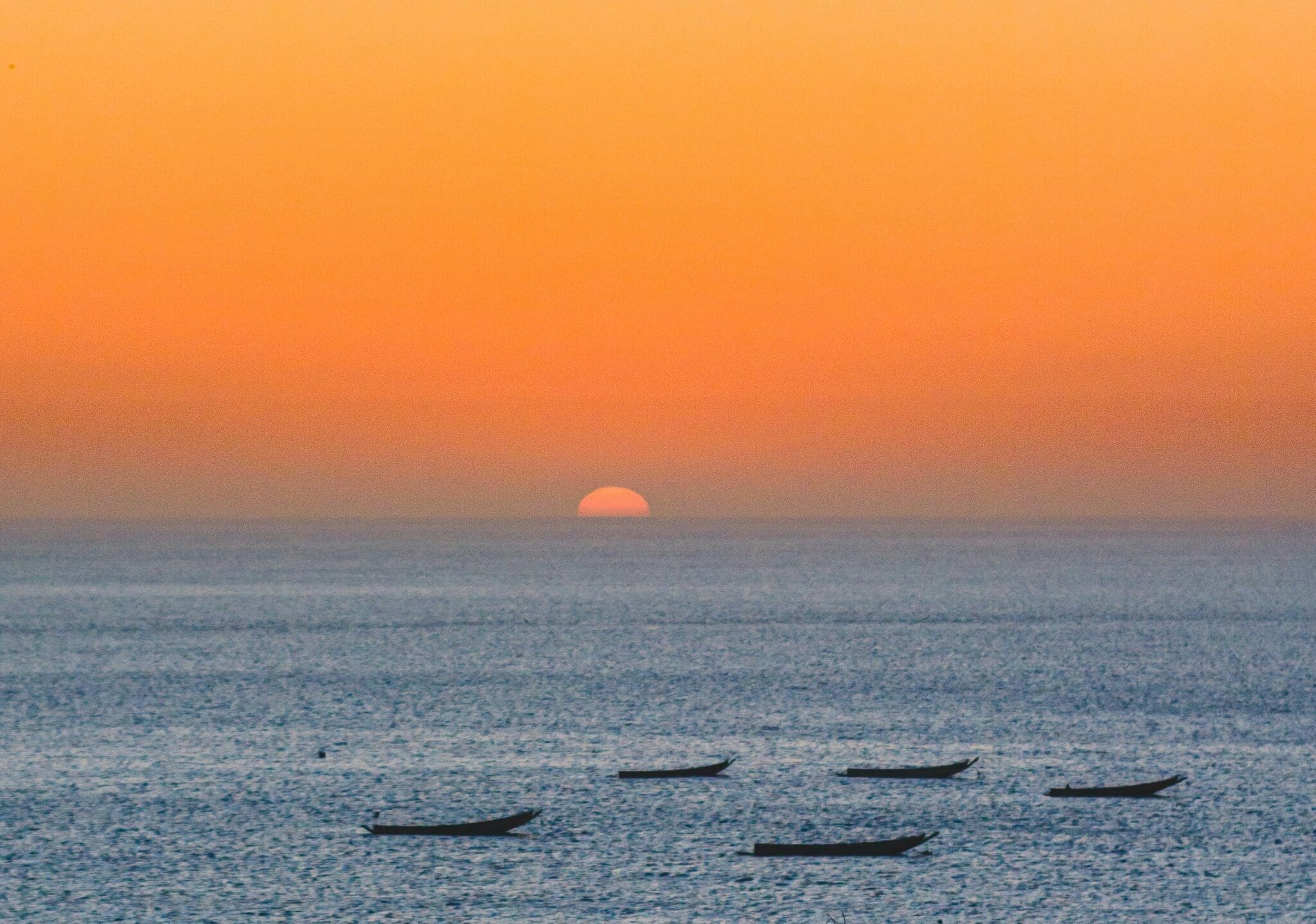 De zon gaat onder boven een kalme zee met zes kleine bootjes drijvend op het water. Silhouetten van planten en struiken zijn zichtbaar op de voorgrond onder een oranje en blauwe lucht.