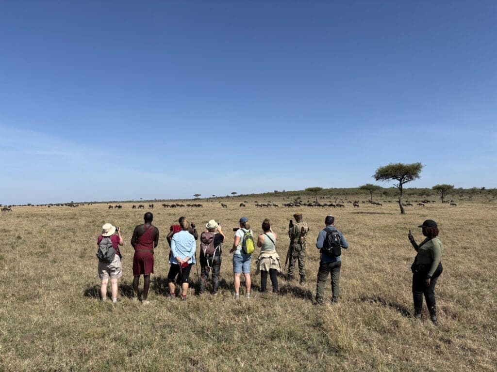 Een groep mensen staat in een grasrijke savanne en observeert een kudde dieren in de verte onder een strakblauwe hemel. Sommigen dragen hoeden en rugzakken, en enkelen hebben gidsen in traditionele kleding en uniformen. Eén persoon neemt een foto.
