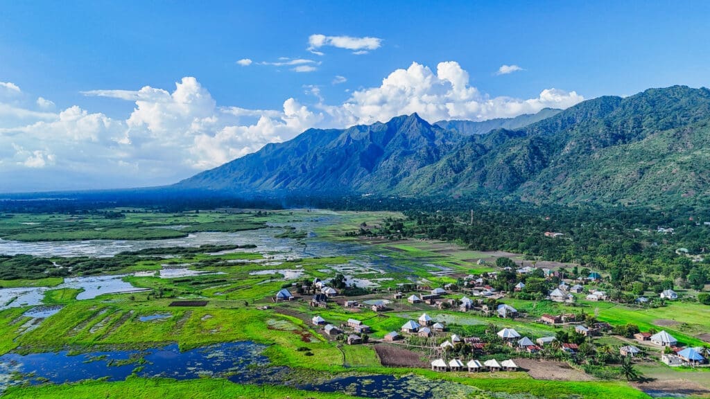Aerial view of a village surrounded by lush green fields and wetlands, with a backdrop of tall, forested mountains under a blue sky with scattered clouds.
