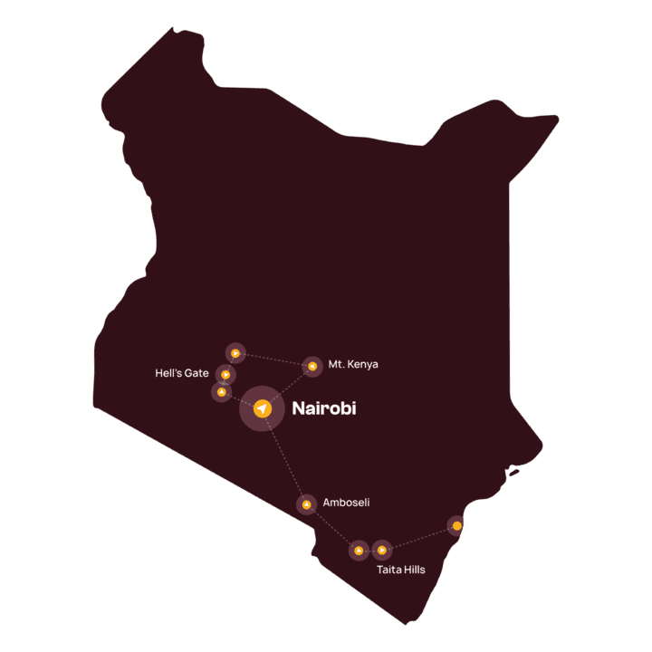 Een donkere kaart van Kenia met gelabelde punten: Nairobi in het midden en Hell's Gate, Mt. Kenya, Amboseli en Taita Hills in een reisroute die elke locatie verbindt.