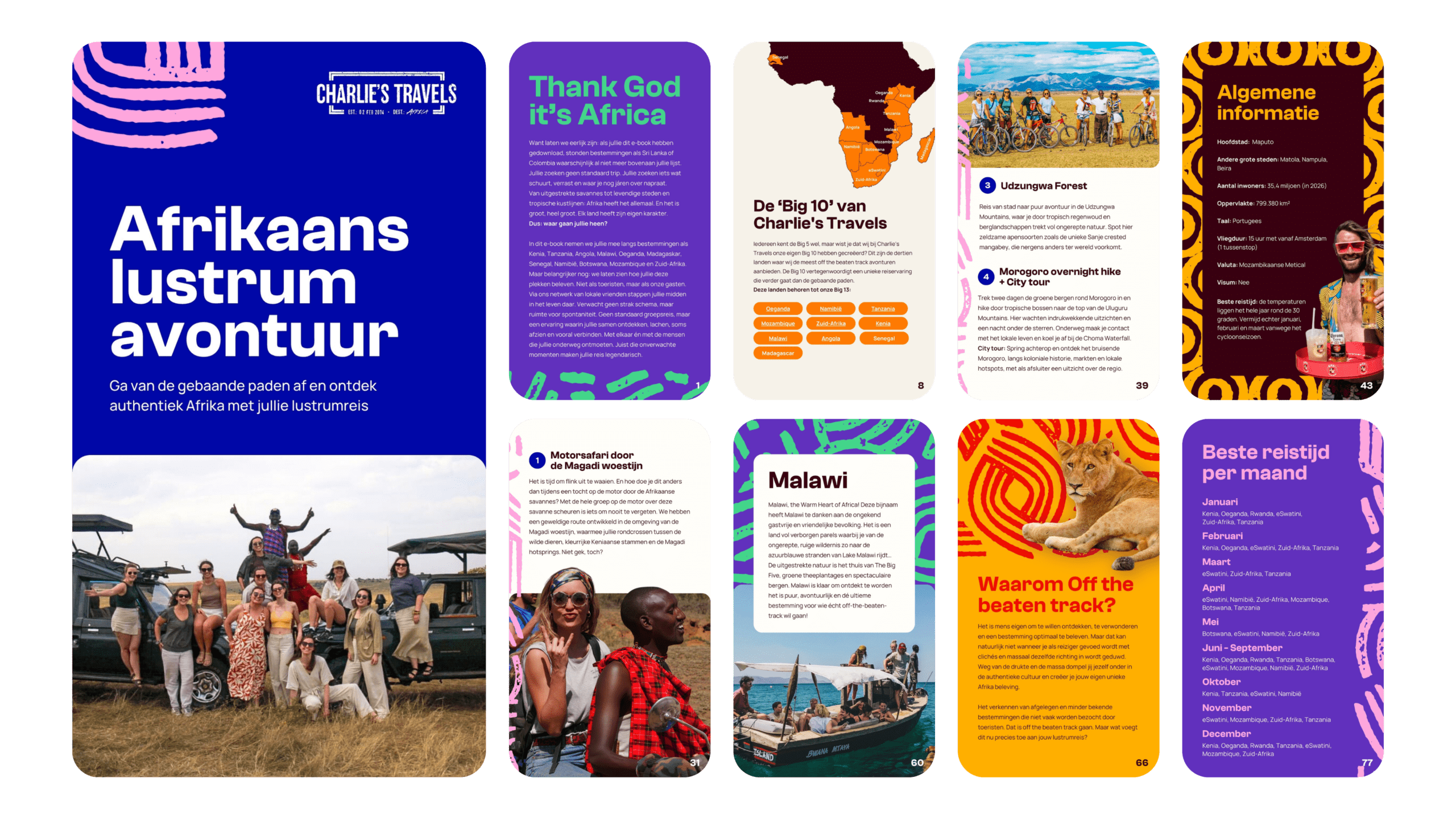 Een kleurrijke reisbrochure in het Nederlands getiteld Afrikaans lustrum avontuur toont safaritaferelen, toeristen, wilde dieren en reisinformatie over Afrikaanse bestemmingen, activiteiten en tips, met levendige foto's en vetgedrukte tekstblokken.