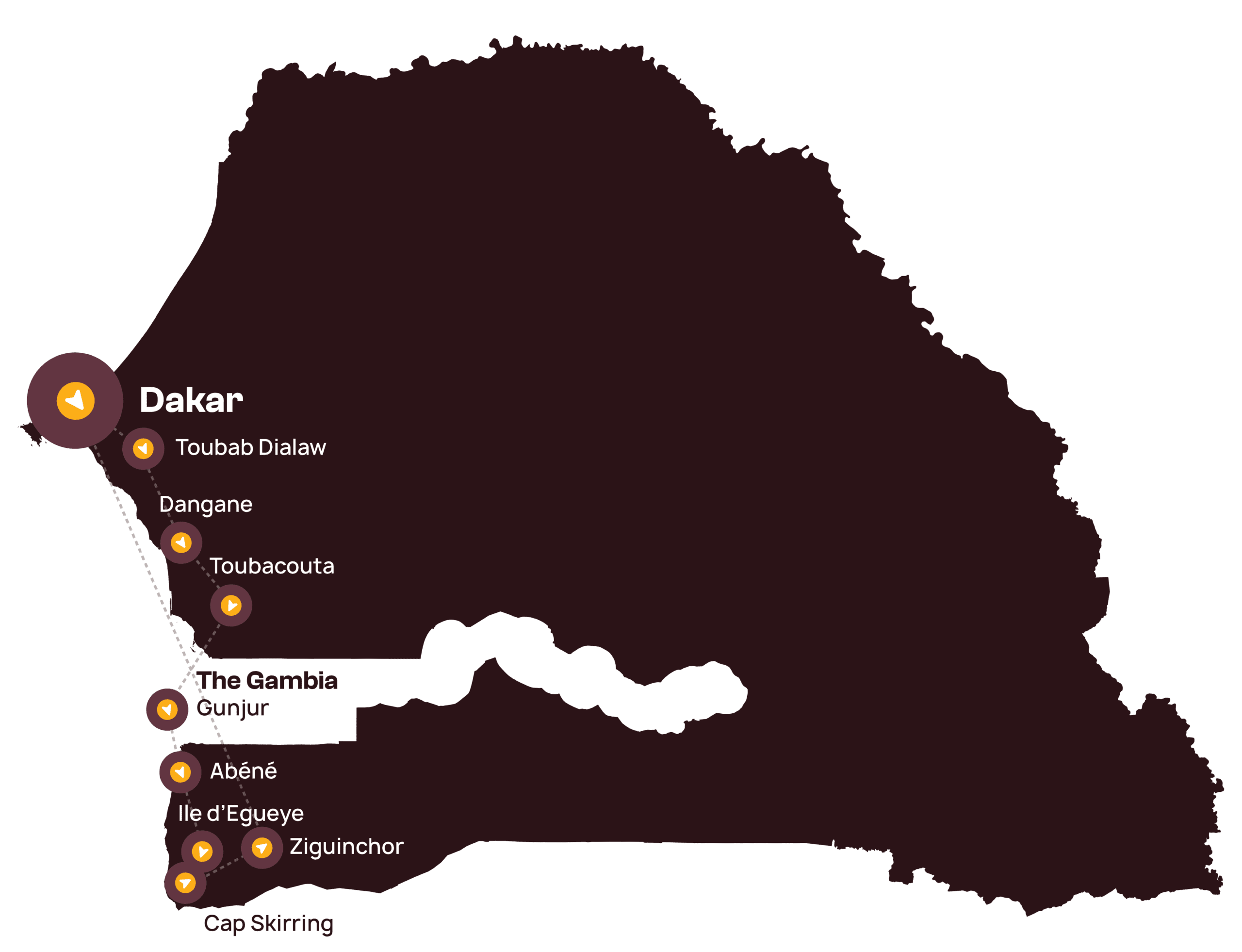 Donkere kaart van Senegal met locaties van steden gemarkeerd, waaronder Dakar, Toubab Dialaw, Dangane, Toubacouta, Abéné, Ile d'Egueye, Ziguinchor, Cap Skirring, en Gambia wit gemarkeerd binnen Senegal.